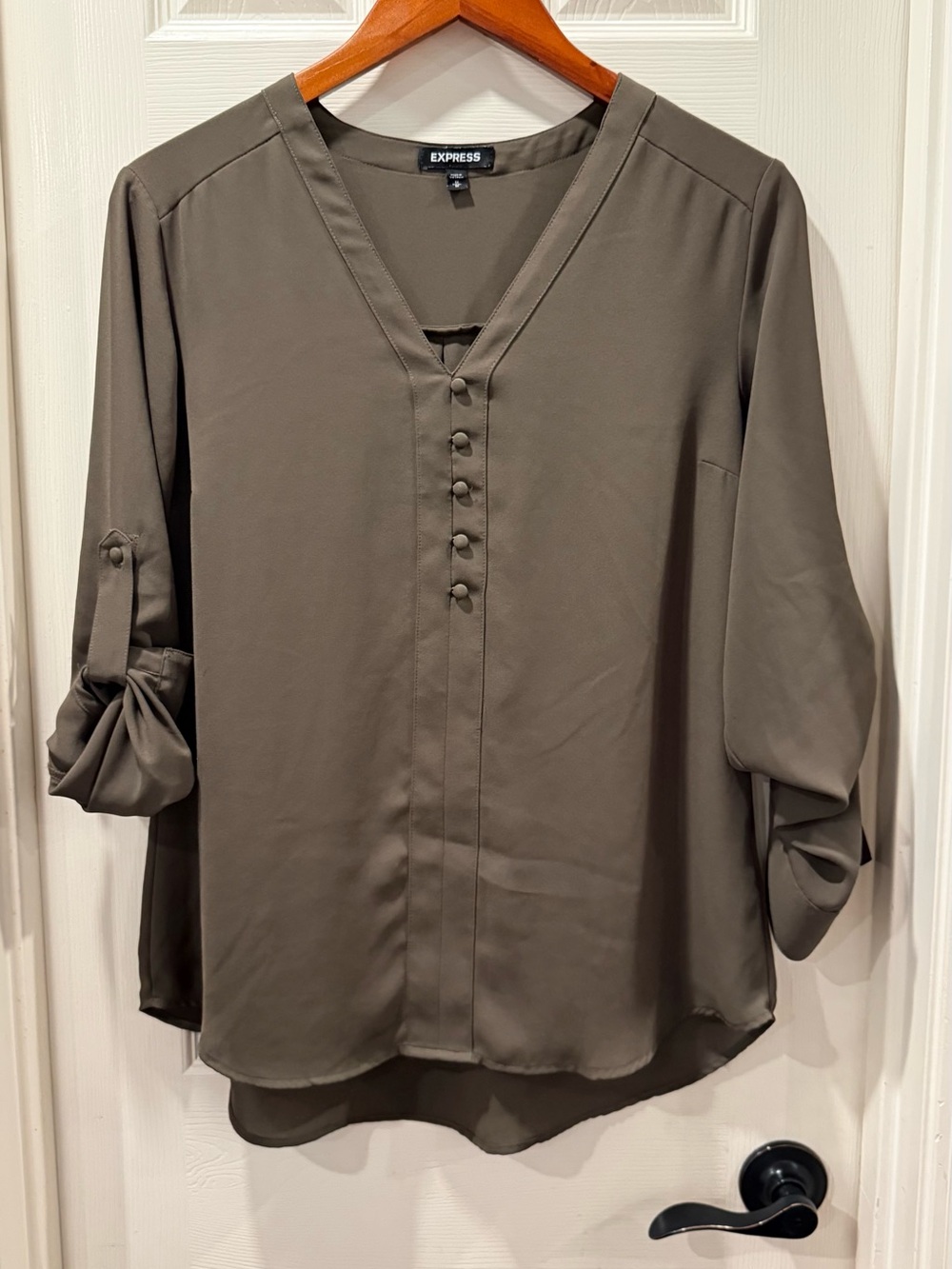 Express Olive Button-Front V-Neck Blouse with set buttons. - Picture 1 of 2
